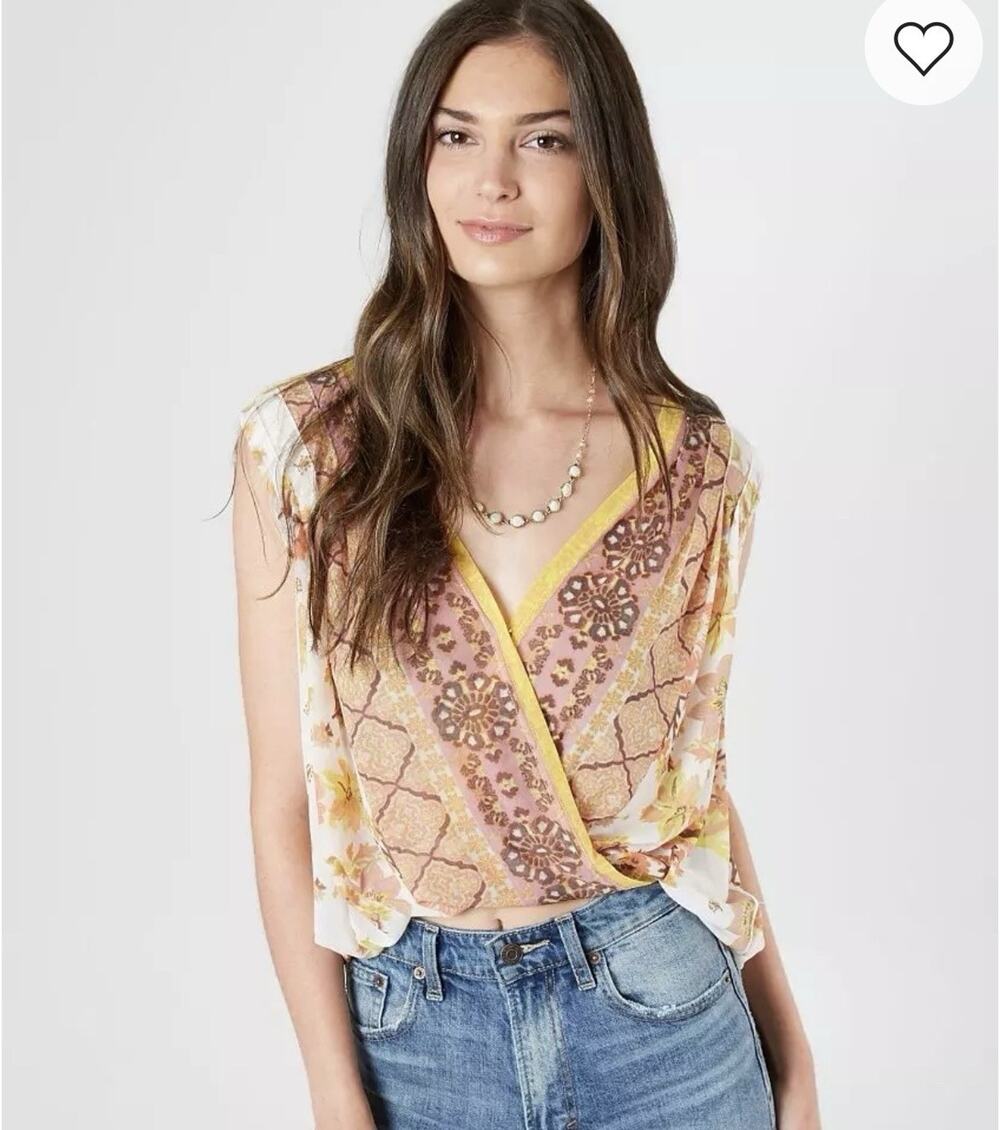 Free People Floral Surplice Tank Top Medium Boho Sheer Stretch Bubble Hem Blouse